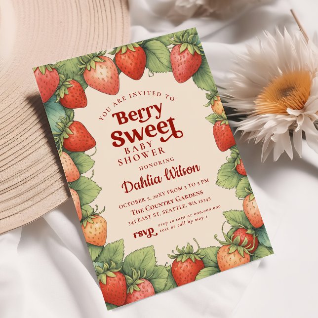 Invitación Fresa Rosa Berry Red Berry Sweet Baby Shower (Strawberry Pink Red Berry Sweet Baby Shower Invitation)