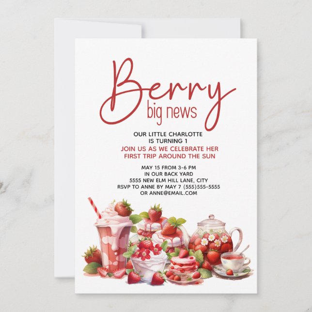 Invitación Fresa Rosa Berry Rojo Berry Blanco Primer cumpleañ (Anverso)