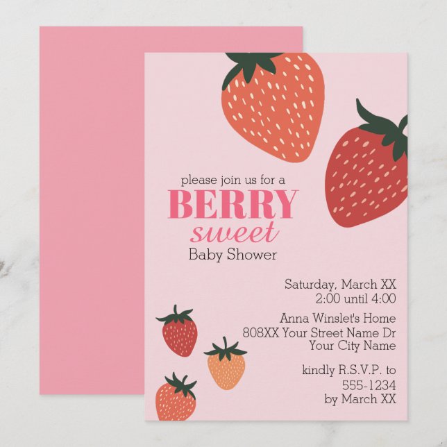Invitación Fresa Rosa Berry Sweet Baby Shower (Anverso / Reverso)