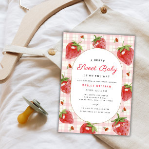 Invitación Fresa rosa Berry Sweet Gingham Baby Shower