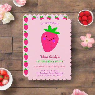 Invitación Fresa Rosa Cute Primera Fiesta de Cumpleaños Niña