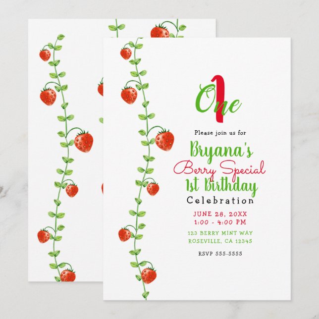 Invitación Fresa Vid Frutas Rojas 1 Uno Cumpleaños 1er (Anverso / Reverso)
