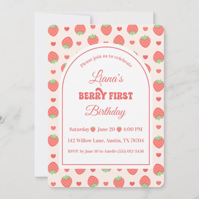 Invitación Fresa y Bayas Primera Fiesta de Cumpleaños de la P (Anverso)
