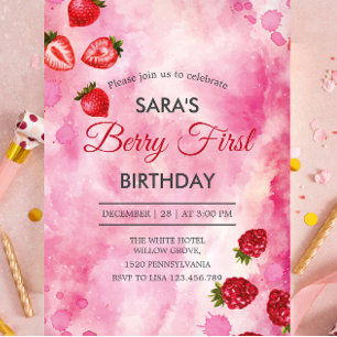 Invitación Fresa y frambuesa rosa Primer cumpleaños BabyGirl