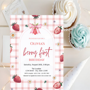 Invitación Fresas acuarela a cuadros rojos Cumpleaños 1er