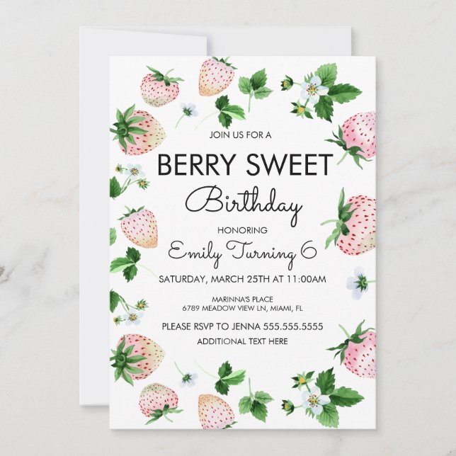 Invitación Fresas acuarela blancas rosadas fiesta de cumpleañ (Anverso)