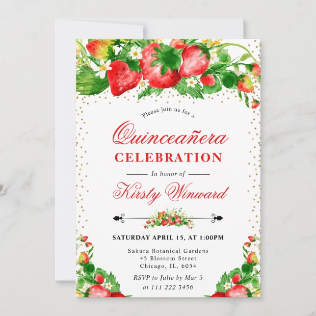 Invitación Fresas acuáticas y flores Quinceanera (Anverso)