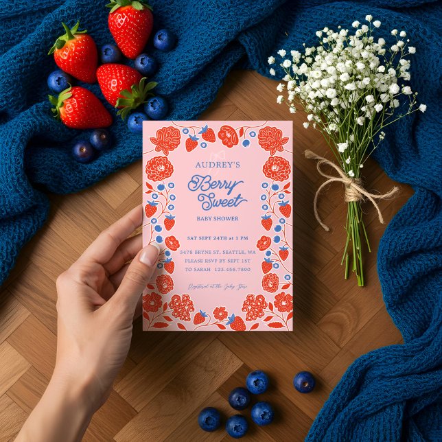 Invitación Fresas, Arándanos y Flores de Dulce Sabor (Berry Sweet Strawberries, Blueberries & Blooms Invitation)