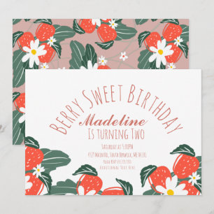 Invitación Fresas Botánico Dibujado a Mano Cumpleaños Rosa
