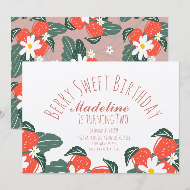 Invitación Fresas Botánico Floral Cumpleaños Dibujado a Mano (Anverso / Reverso)