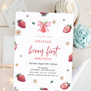 Invitación Fresas con lazo de acuarela rosa Cumpleaños 1