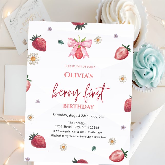 Invitación Fresas con lazo de acuarela rosa Cumpleaños 1 (Subido por el creador)