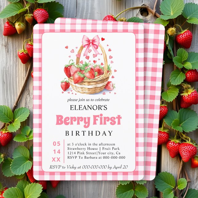 Invitación Fresas corazones arcoiris rosa Berry Primer cumple (Subido por el creador)
