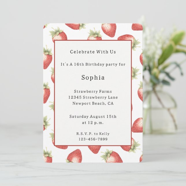 Invitación Fresas Cumpleaños Frutas Rojas (Anverso de pie)