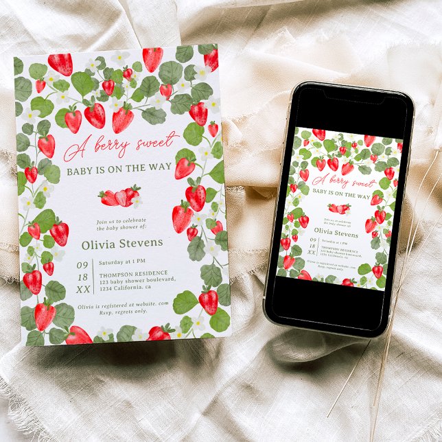 Invitación Fresas cutáneas floridas bayas rojas en la ducha d (Subido por el creador)