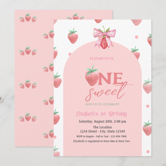 Invitación Fresas de Acuarela Arco Dos Dulces 1er Cumpleaños (Anverso / Reverso)