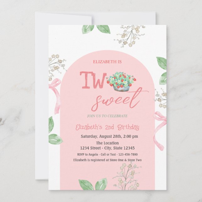 Invitación Fresas De Cesta Arco Dos Cumpleaños Dulces 2º (Anverso)