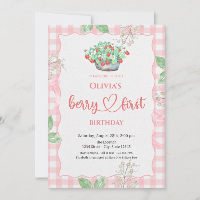 Invitación Fresas de Cesta de Acuarela Cumpleaños Verano 1er (Anverso)