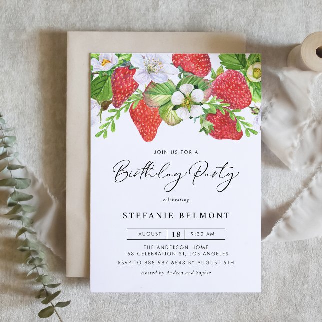Invitación Fresas de color de agua cumpleaños botánico (Subido por el creador)