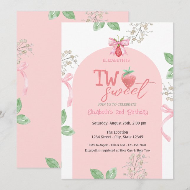 Invitación Fresas de color rosa inundan dos dulces cumpleaños (Anverso / Reverso)