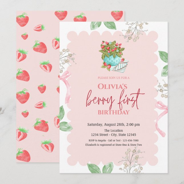Invitación Fresas de la cesta acuarela Primer cumpleaños (Anverso / Reverso)