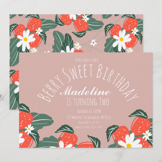 Invitación Fresas Dibujadas a Mano Botánico Cumpleaños (Anverso / Reverso)