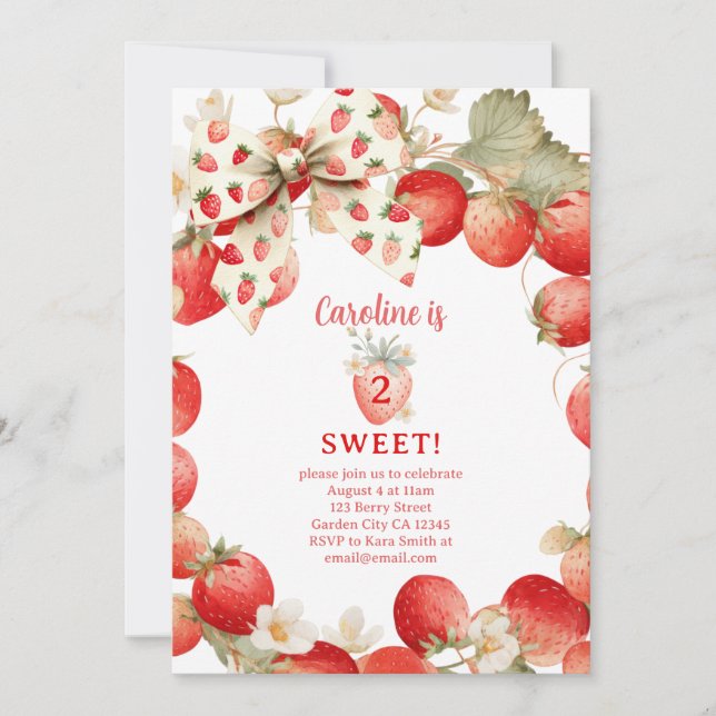 Invitación Fresas Dos Niñas Dulces Cumpleaños Número Dos (Anverso)