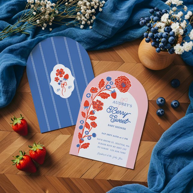 Invitación Fresas dulces, arándanos y flores (Berry Sweet Strawberries, Blueberries & Blooms Invitation)