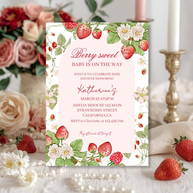 Invitación Fresas dulces cerveceras florales rosa bebé shower (Subido por el creador)