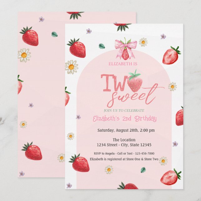 Invitación Fresas Flores Dos Dulces 2do Cumpleaños (Anverso / Reverso)