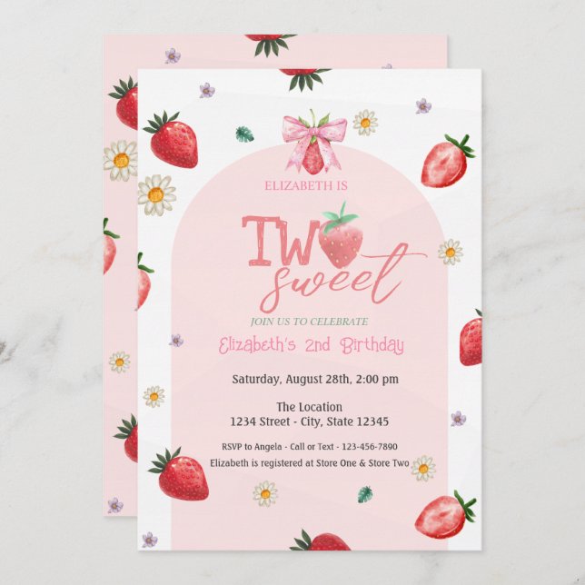 Invitación Fresas Flores Dos Dulces Segundo Cumpleaños (Anverso / Reverso)