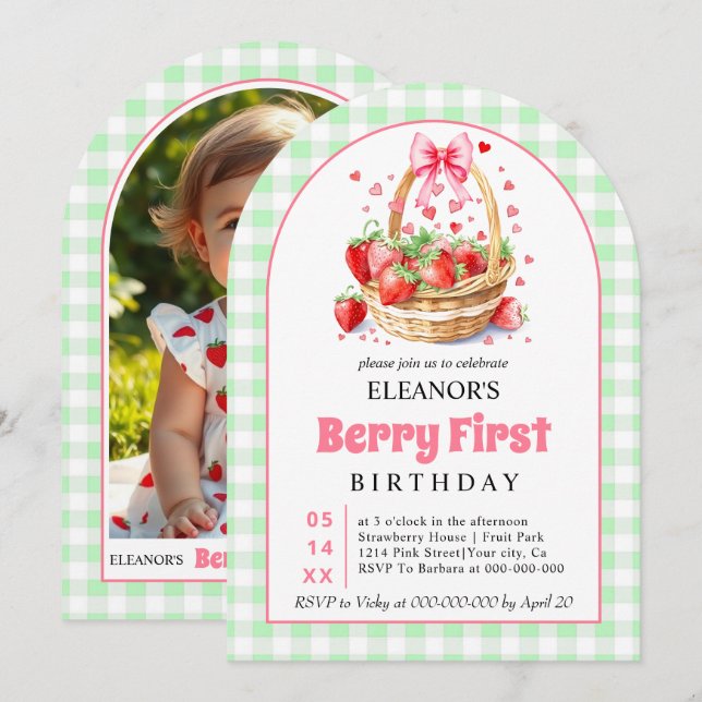 Invitación Fresas gingham verde Cumpleaños de la primera fres (Anverso / Reverso)