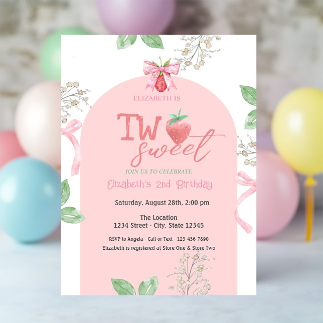 Invitación Fresas Lazo Rosa Dos Dulce 2do Cumpleaños (Subido por el creador)