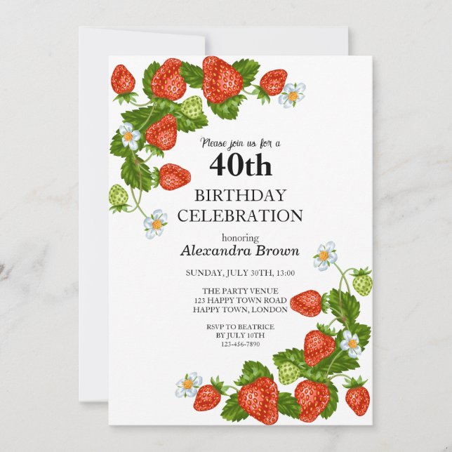Invitación Fresas Marco 40 cumpleaños Foto Fiesta (Anverso)