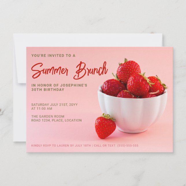 Invitación Fresas Rojas En Cumpleaños De Brunch De Verano Ros (Anverso)