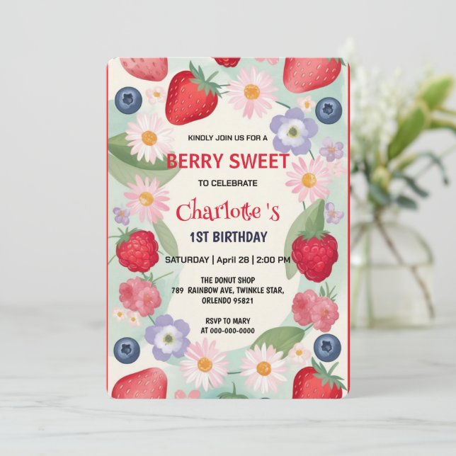 Invitación Fresas rojas Primer Fiesta de cumpleaños para los  (Anverso de pie)