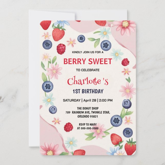 Invitación Fresas rojas Primer Fiesta de cumpleaños para los  (Anverso)