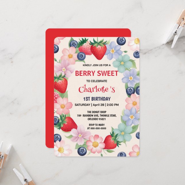 Invitación Fresas rojas Primer Fiesta de cumpleaños para los  (Anverso/Reverso In Situ)