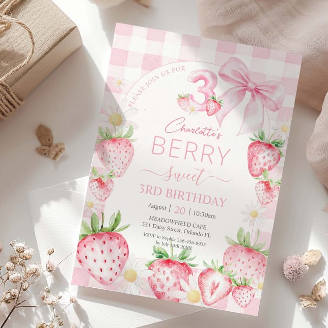 Invitación Fresas rosadas de Cute Berry Sweet 3 cumpleaños (Subido por el creador)