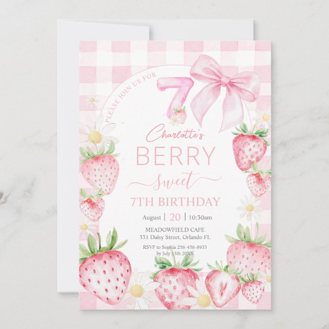 Invitación Fresas rosadas de Cute Berry Sweet 7º cumpleaños (Anverso)
