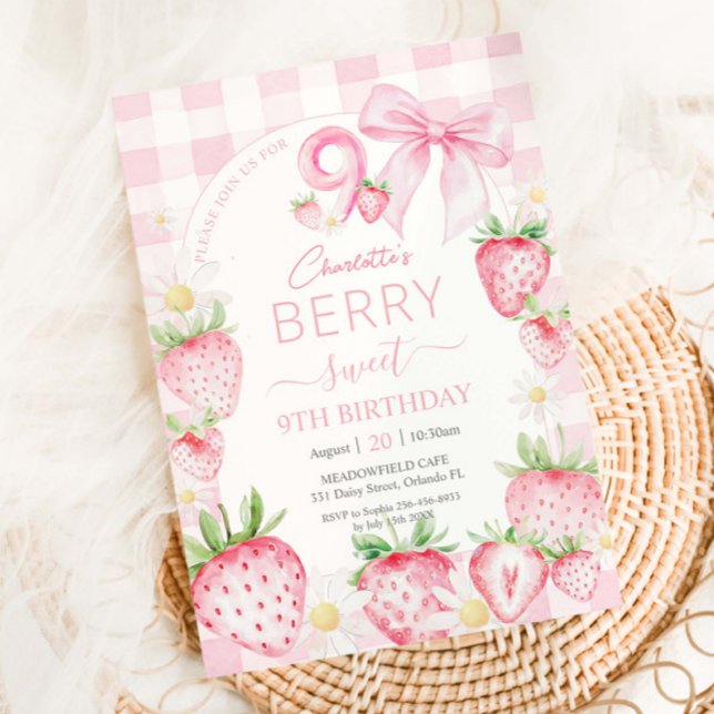 Invitación Fresas rosadas de Cute Berry Sweet 9º cumpleaños (Subido por el creador)