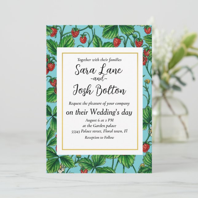 Invitación Fresas silvestres en azul piscina (Anverso de pie)