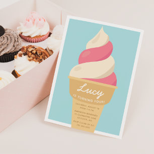 Invitación Fresas Swirl Hielo Crema Niños Cumpleaños Fiesta