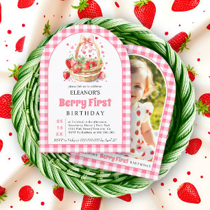 Invitación Fresas y arándanos rosados Primer cumpleaños