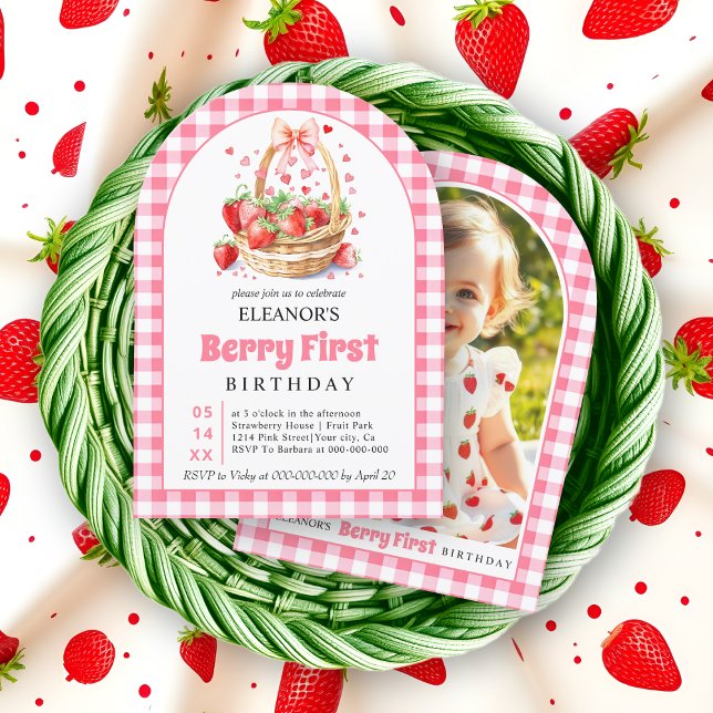 Invitación Fresas y arándanos rosados Primer cumpleaños (Subido por el creador)