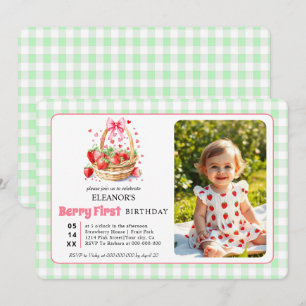 Invitación Fresas y cuadros de cuadritos Primer cumpleaños de