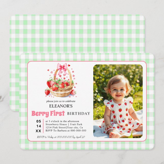 Invitación Fresas y cuadros de cuadritos Primer cumpleaños de (Anverso / Reverso)