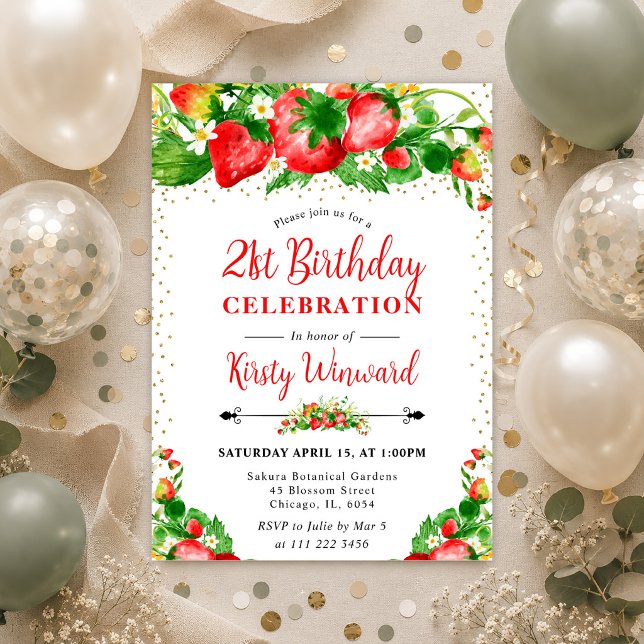 Invitación Fresas y flores acuarela cumpleaños 21 (Subido por el creador)