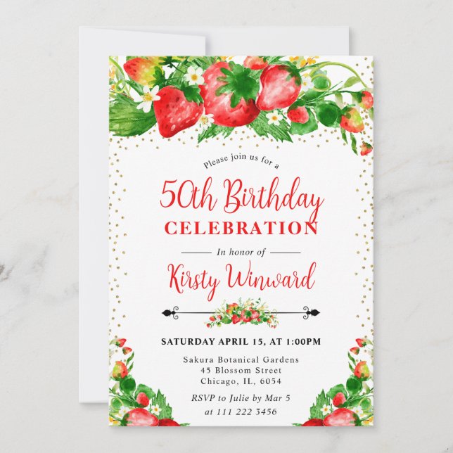 Invitación Fresas y flores acuarela cumpleaños 50 (Anverso)