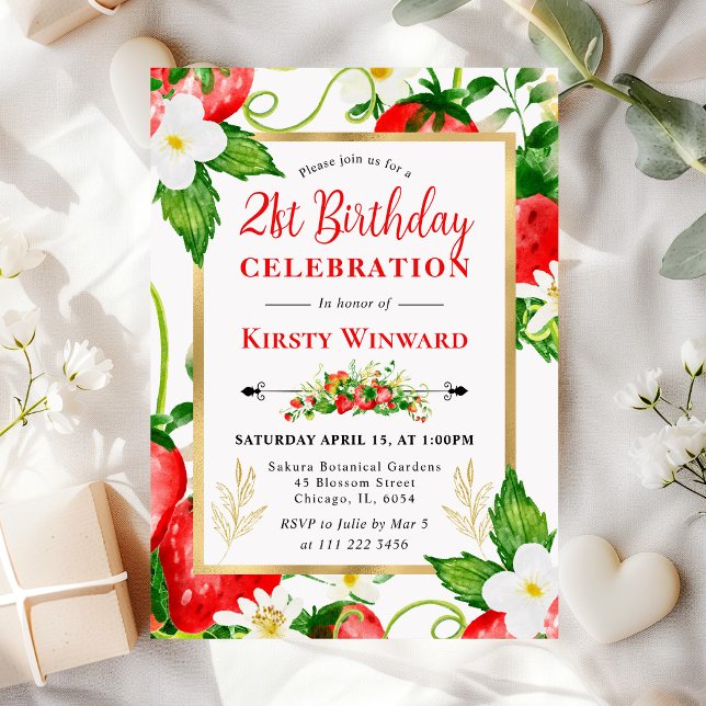 Invitación Fresas y Flores en Acuarela Cumpleaños 21 (Subido por el creador)